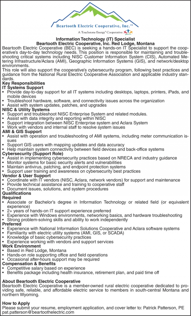 Information Technology Specialist, Beartooth Electric Cooperative, Inc., Red Lodge, MT