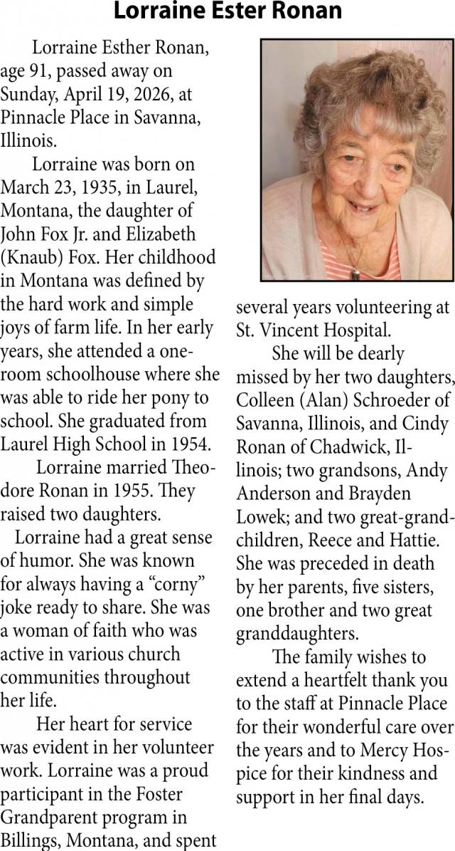 Lorraine Ester Ronan, Obituaries, Glendive, MT