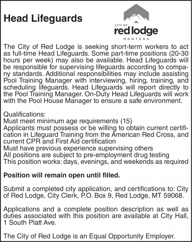 Head Lifegfuards, City of Red Lodge, Red Lodge, MT