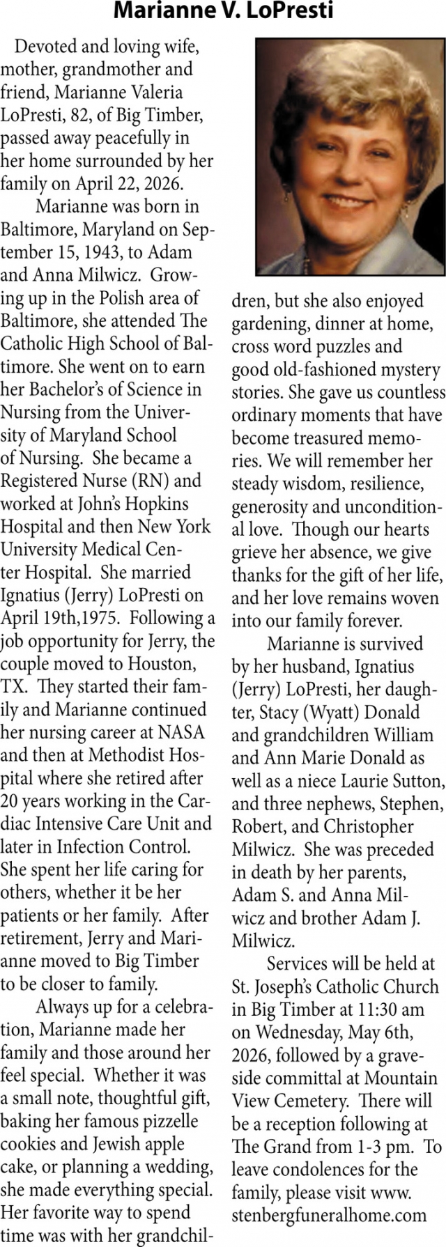 Marianne V. LoPresti, Obituaries, Glendive, MT