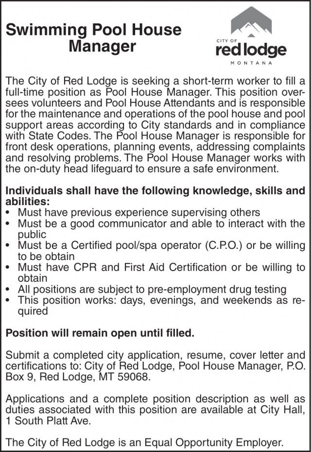 Swimming Pool House Manager, City of Red Lodge, Red Lodge, MT