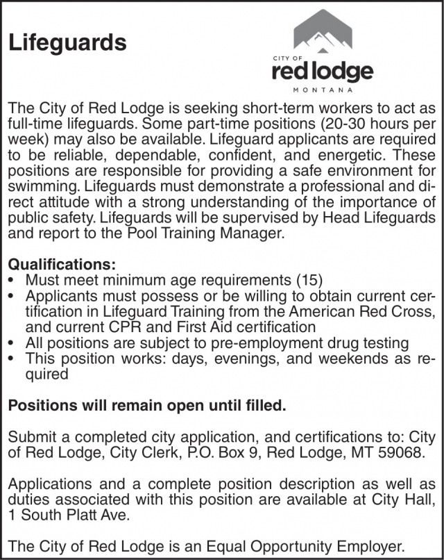 Lifeguards, City of Red Lodge, Red Lodge, MT