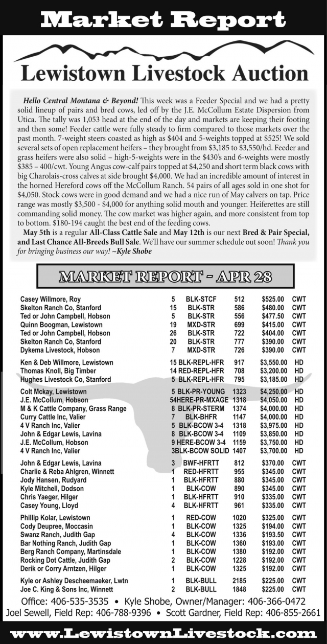 Market Report, Lewistown Livestock Auction, Lewistown, MT