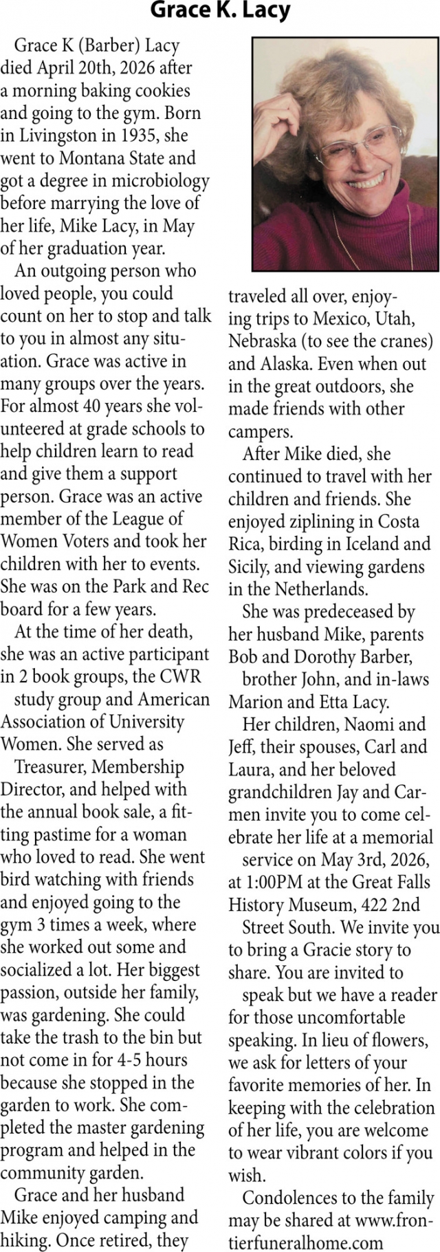 Grace K. Lacy, Obituaries, Glendive, MT