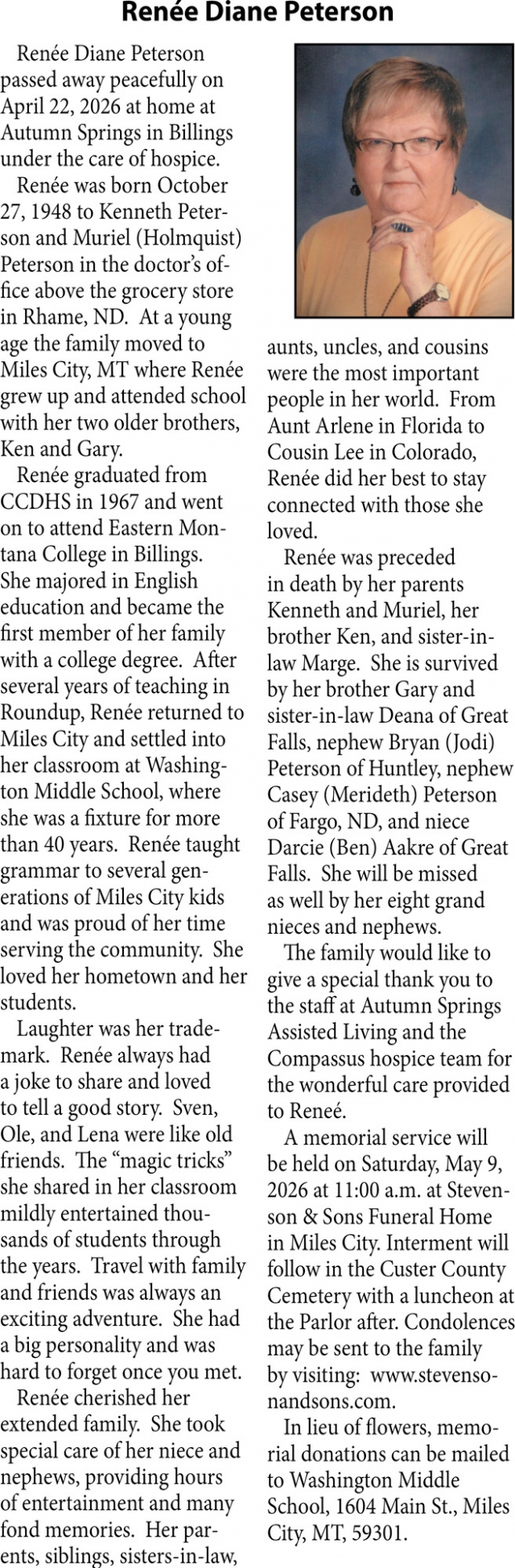 Renée Diane Peterson, Obituaries, Glendive, MT