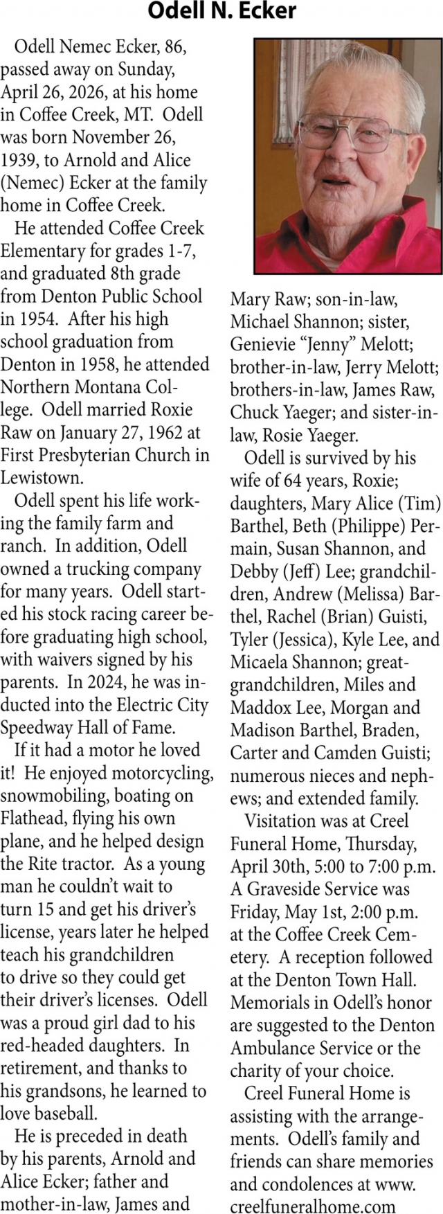 Odell N. Ecker, Obituaries, Glendive, MT