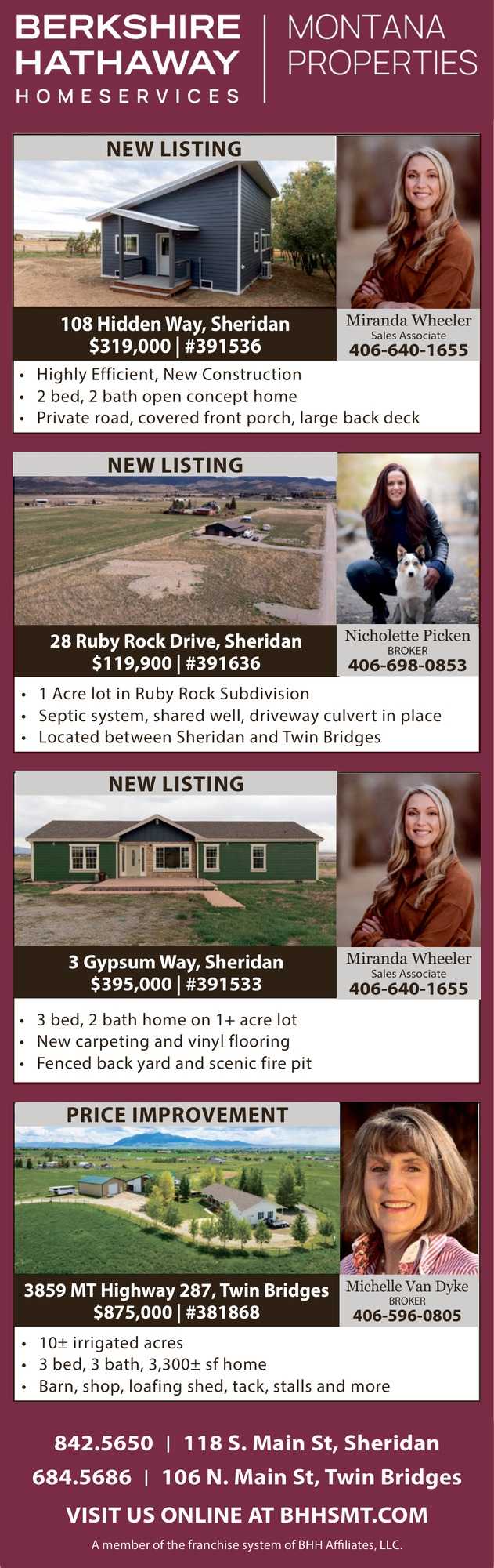Montana Properties, Michelle Van Dyke / Nicole Picken / Miranda Wheeler - Berkshire Hathaway HomeServices Montana Properties, Twin Bridges, MT
