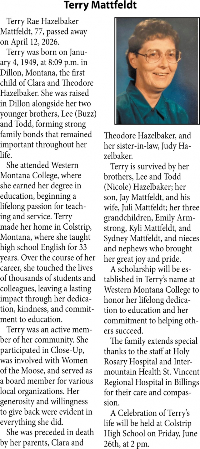Terry Mattfeldt, Obituaries, Glendive, MT