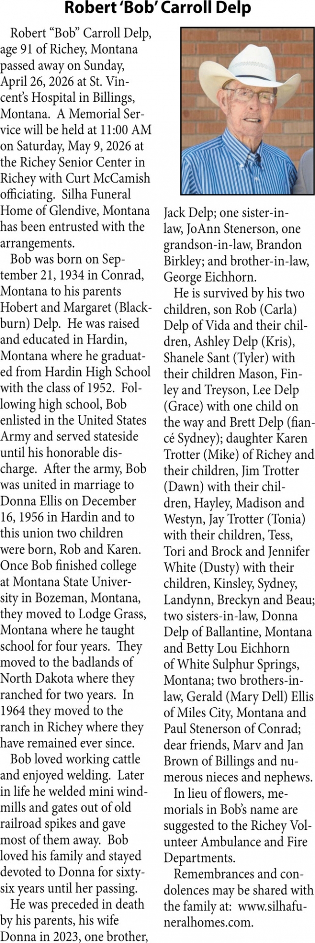 Robert Carroll Delp, Obituaries, Glendive, MT