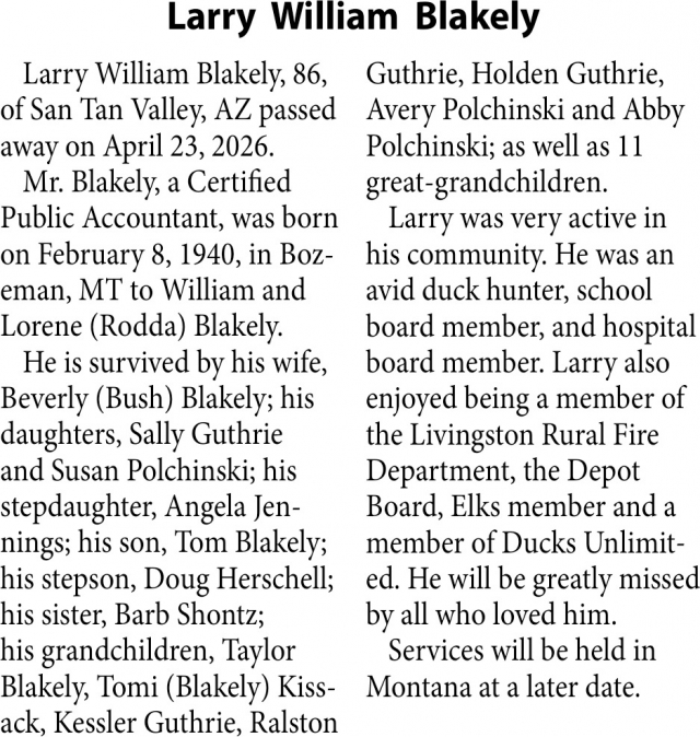 Larry William Blakely, Obituaries, Glendive, MT