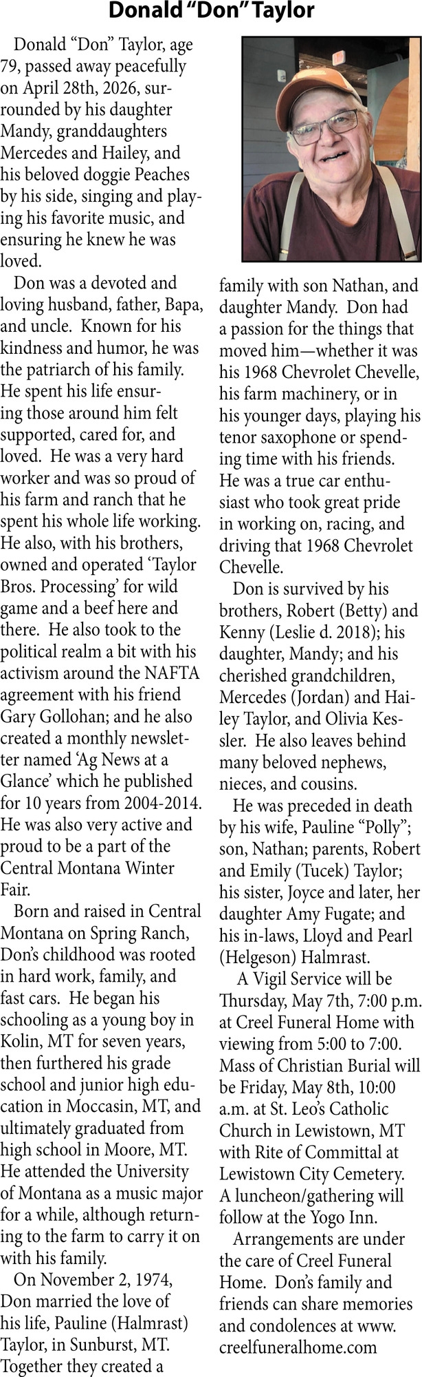 Donald Taylor, Obituaries, Glendive, MT