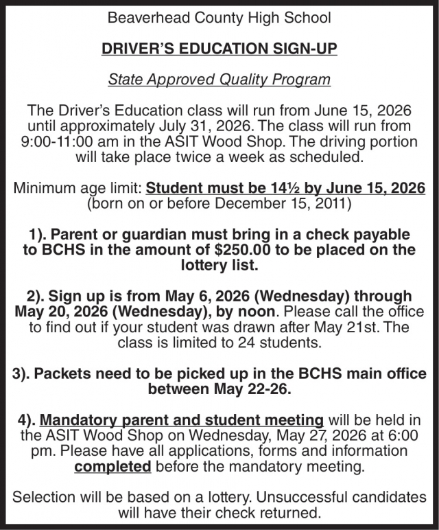 Driver's Education Sign-Up, Beaverhead County High School, Dillon, MT