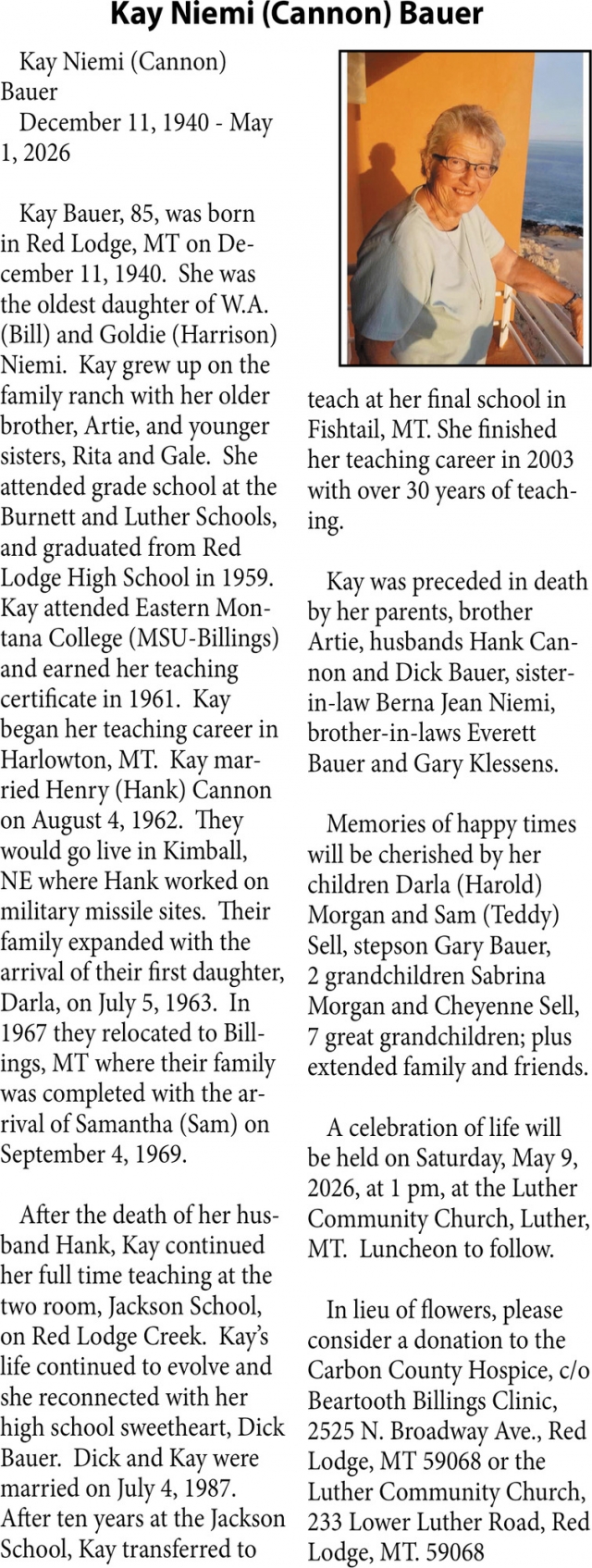 Kay Niemi Bauer, Obituaries, Glendive, MT