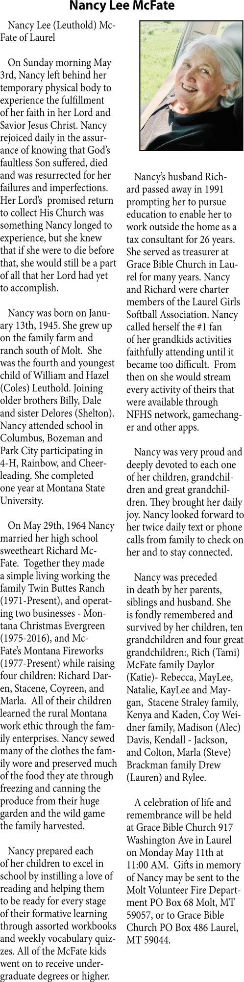 Nancy Lee McFate, Obituaries, Glendive, MT