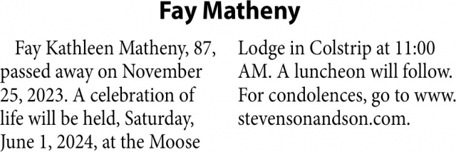 Fay Matheny, Obituaries, Glendive, MT
