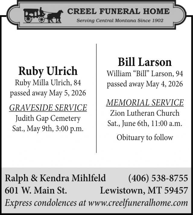 Funeral Services, Creel Funeral Home, Lewistown, MT