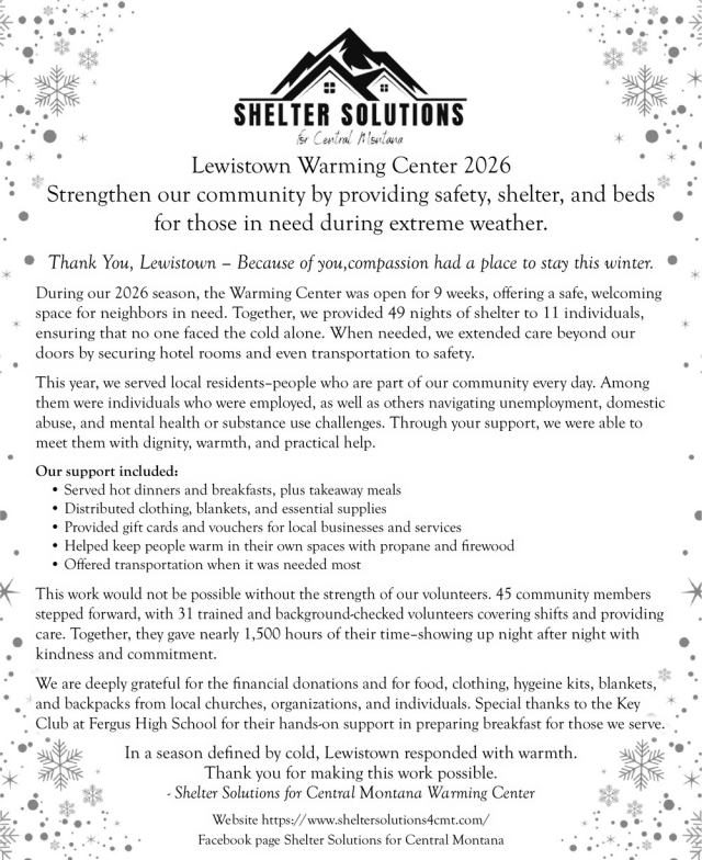 ## Community Impact: 2026 Warming Center Season Report | Shelter Solutions, Shelter Solutions, Lewiston, MT