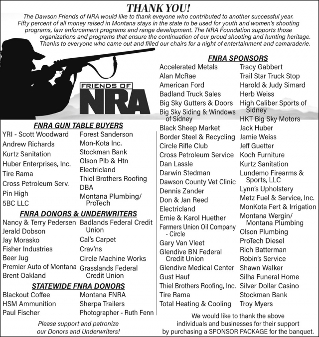 Thank You!, Dawson Friends of NRA, Glendive, MT