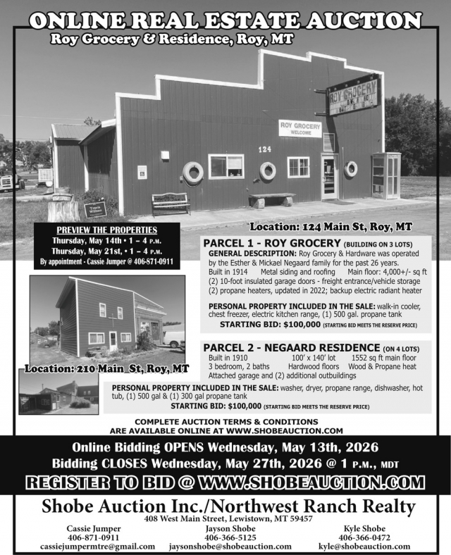 Online Real Estate Auction, Shobe Auction & Realty, Lewistown, MT