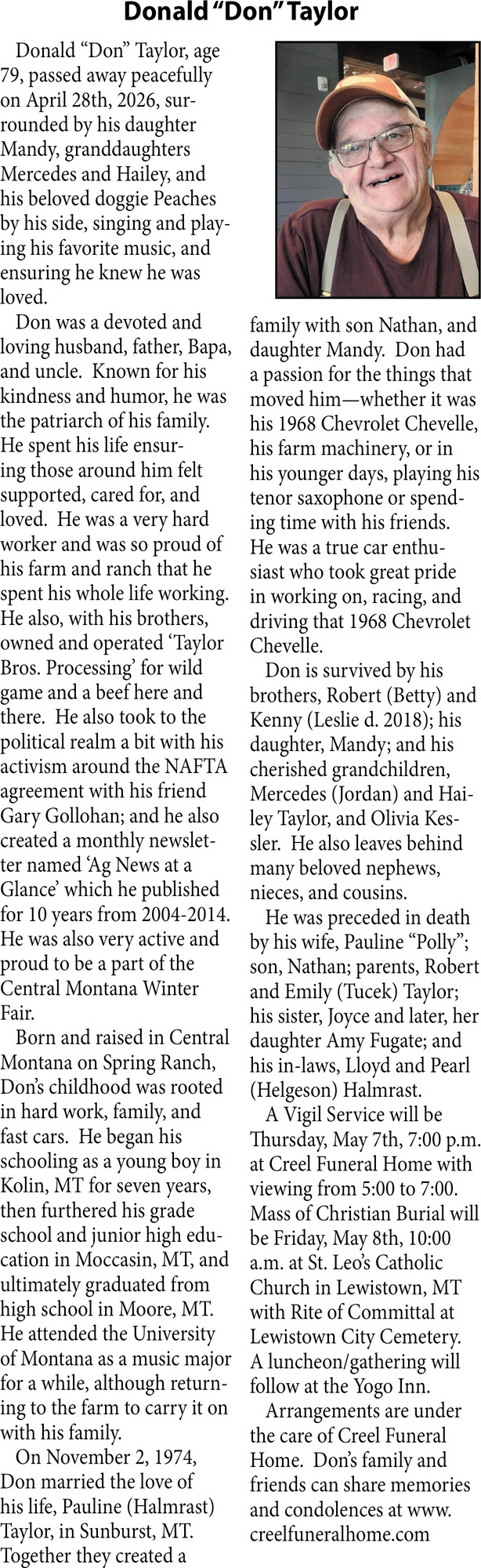 Donald Taylor, Obituaries, Glendive, MT
