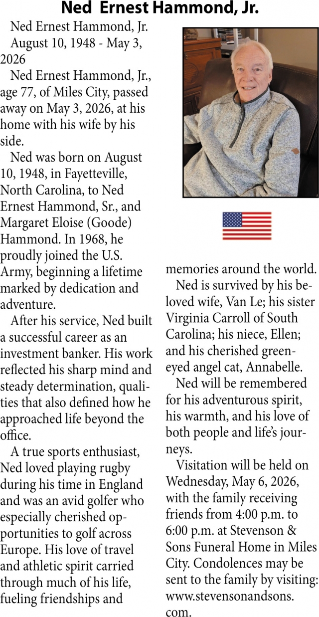 Ned Ernest Hammond, Jr., Obituaries, Glendive, MT