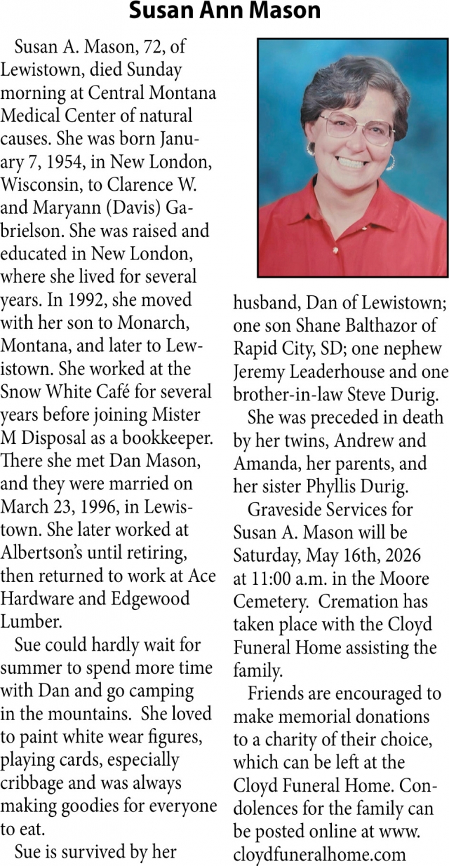 Susan Ann Mason, Obituaries, Glendive, MT