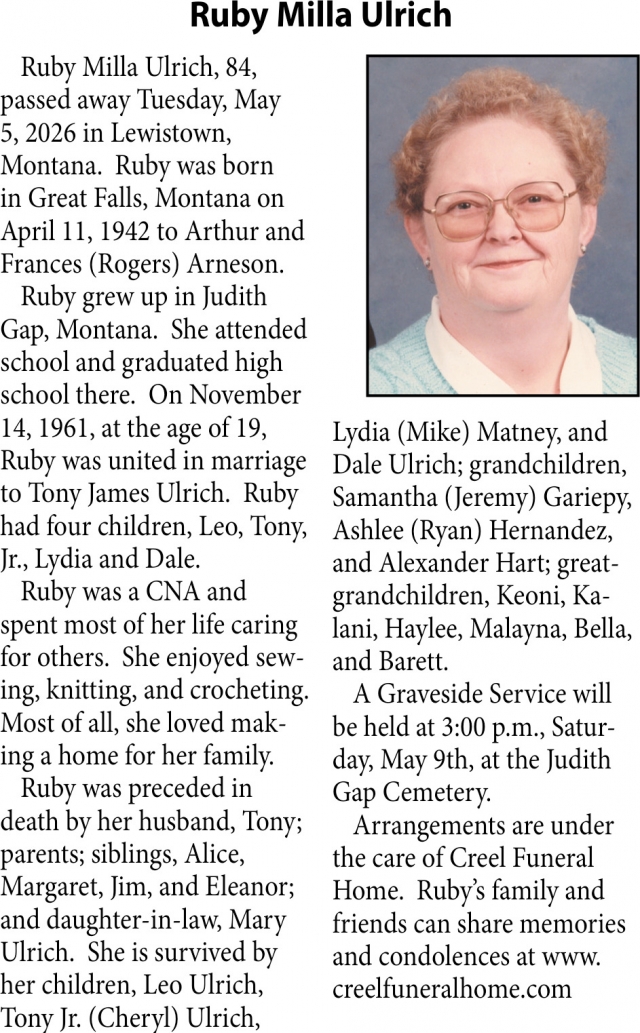 Ruby Milla Ulrich, Obituaries, Glendive, MT