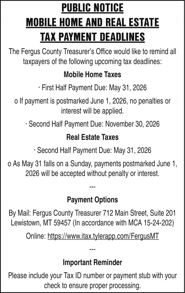 Public Notice, Fergus County Treasurer's Office