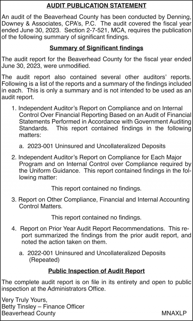 Audit Publication Statement, Beaverhead County