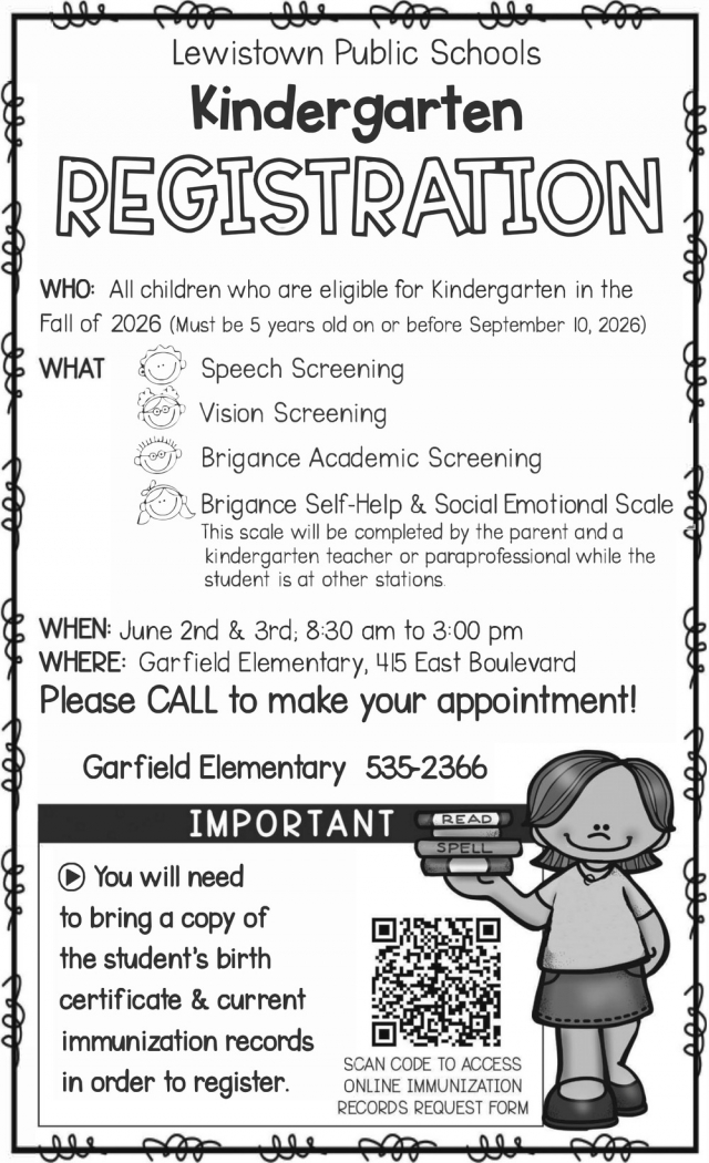 Kindergarten Screening, Lewistown Public Schools Kindergarten Registration (June 2 & 3, 2026)