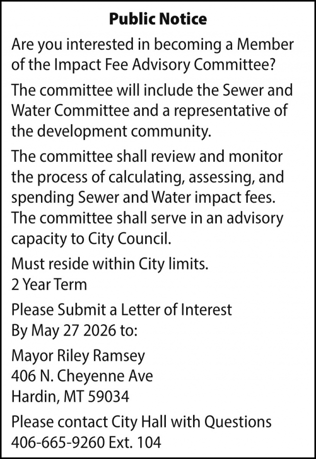Public Notice, City of Hardin, Hardin, MT