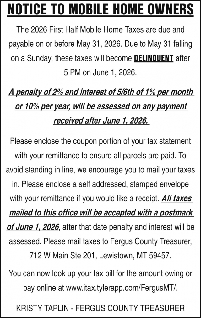 Notice to Real Estate Owners, Fergus County Treasurer - Kristy Taplin