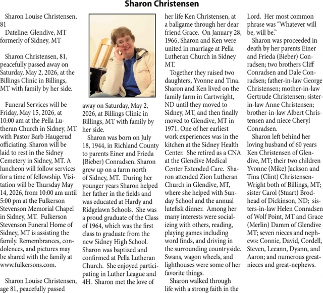 Sharon Christensen, Obituaries, Glendive, MT