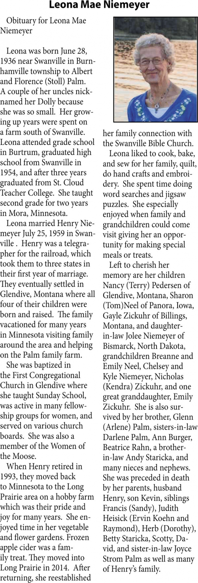 Leona Mae Niemeyer, Obituaries, Glendive, MT
