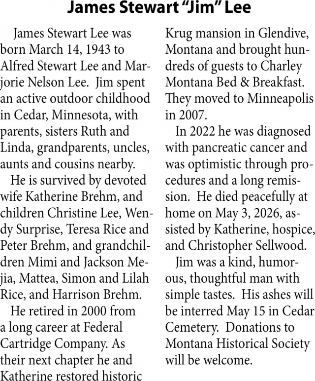 James Stewart Lee, Obituaries, Glendive, MT