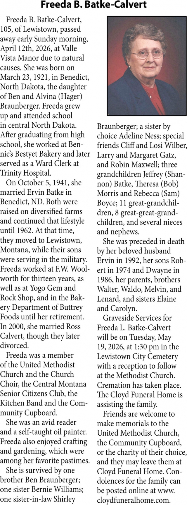 Freeda B. Batke-Calvert, Obituaries, Glendive, MT