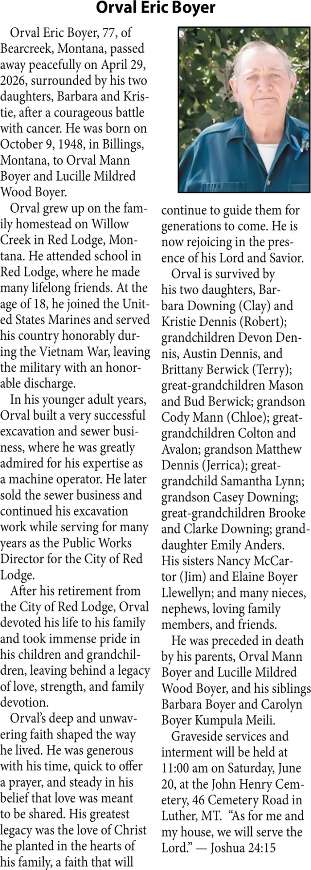 Orval Eric Boyer, Obituaries, Glendive, MT
