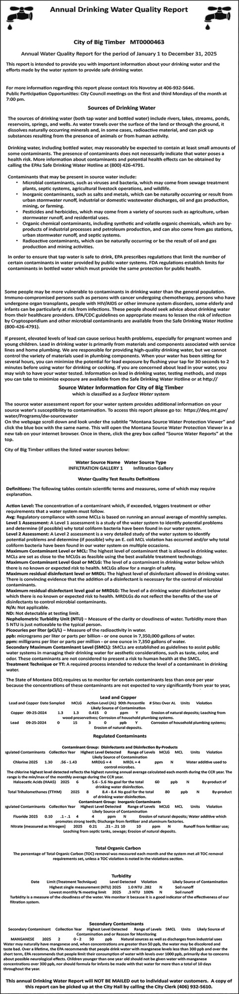 Annual Drinking Water Quality Report, City of Big Timber, Big Timber, MT