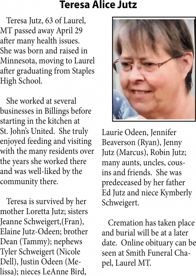 Teresa Alice Jutz, Obituaries, Glendive, MT