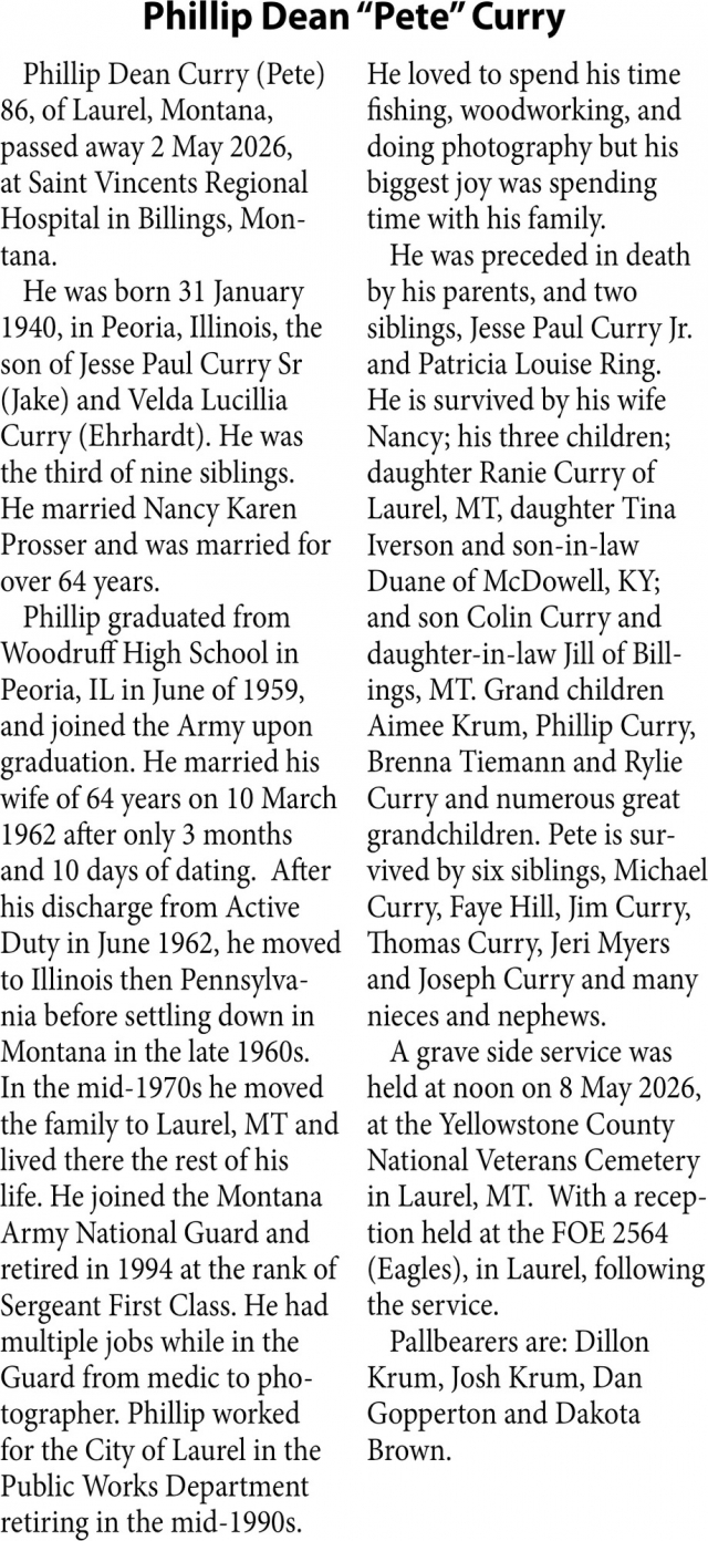 Phillip Dean Curry, Obituaries, Glendive, MT