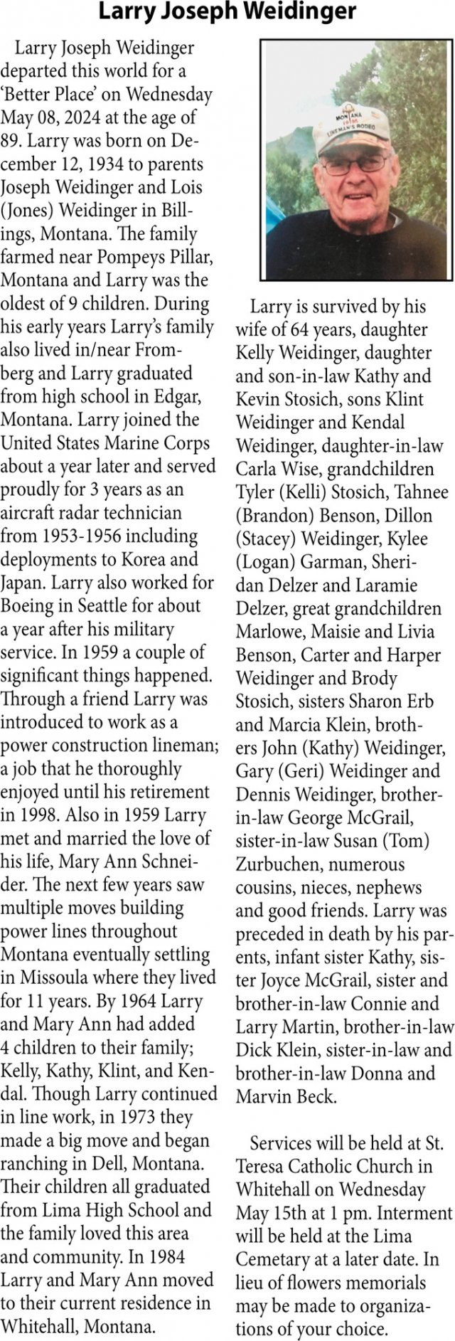 Larry Joseph Weidinger, Obituaries, Glendive, MT
