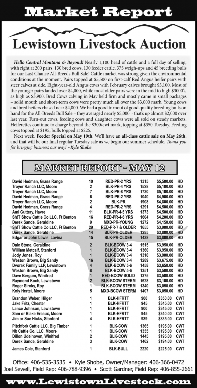Market Report, Lewistown Livestock Auction, Lewistown, MT