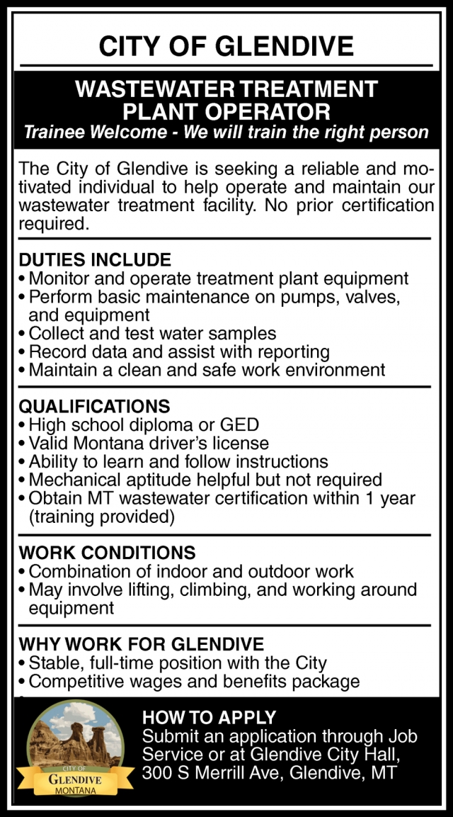 Wastewater Treatment Plant Operator, City of Glendive, Glendive, MT