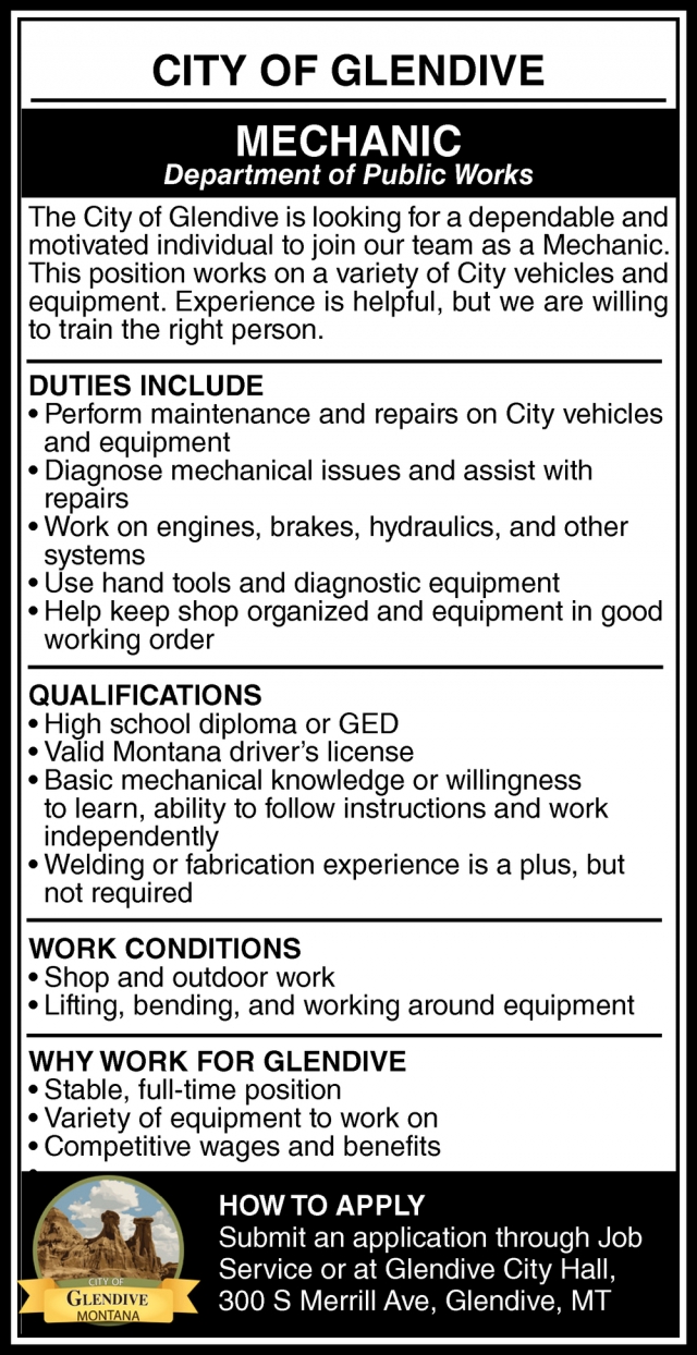 Mechanic, City of Glendive, Glendive, MT