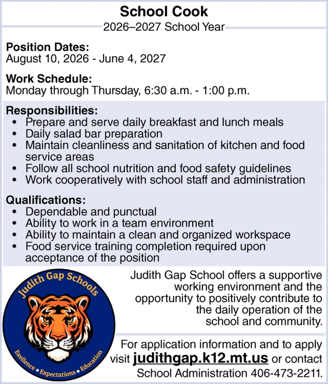 School Cook, Judith Gap Schools, Judith Gap, MT