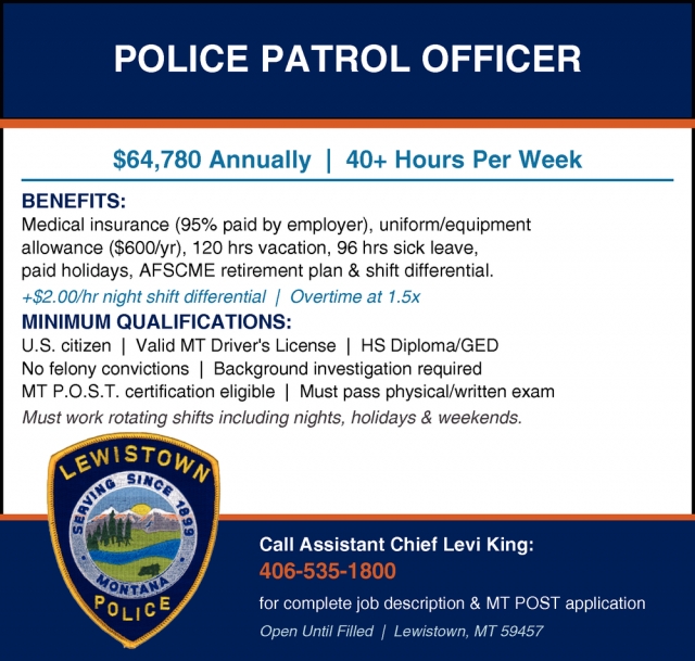 Police Patrol Officer, Lewistown Police Department