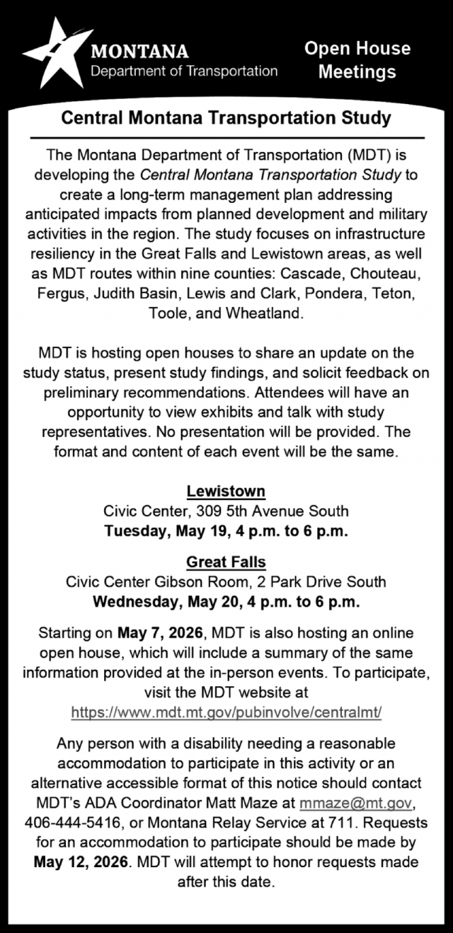 Central Montana Transportation Study, Montana Department of Transportation, Helena, MT