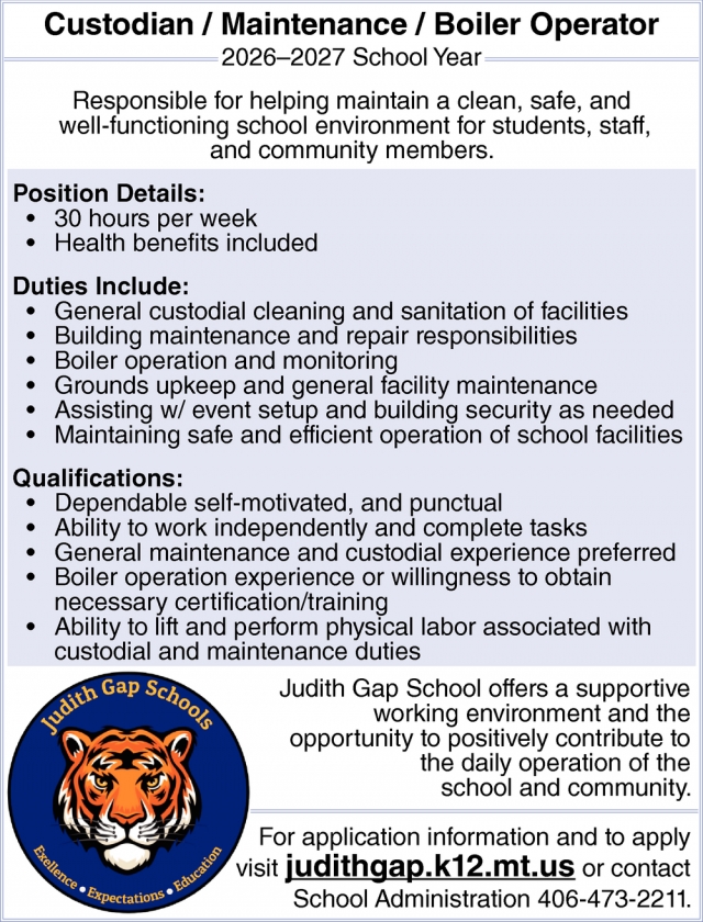 Custodian, Judith Gap Schools, Judith Gap, MT