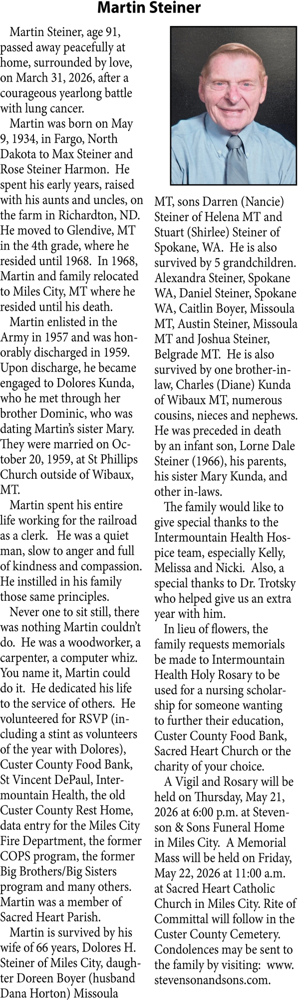 Martin Steiner, Obituaries, Glendive, MT