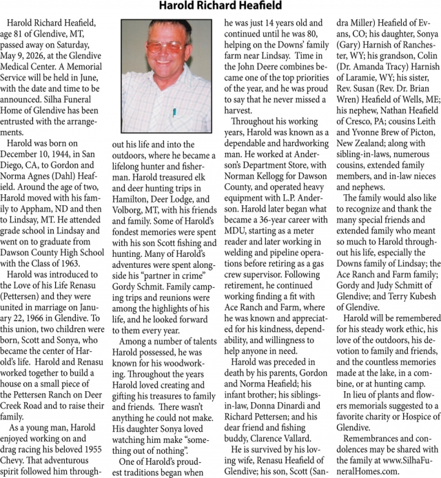 Harold Richard Heafield, Obituaries, Glendive, MT